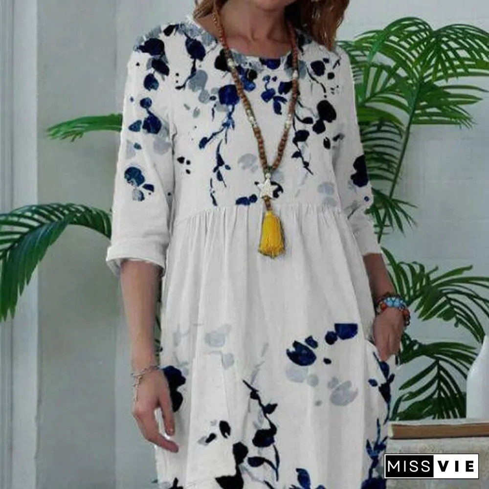 White Pullover Loose Blue Pattern Dress