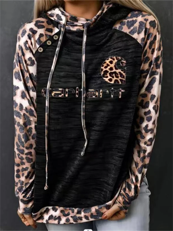 Ladies Button Printed Pullover Women's Leopard Print Long Sleeve Hooded Sweatshirt S-XXXL | 168DEAL