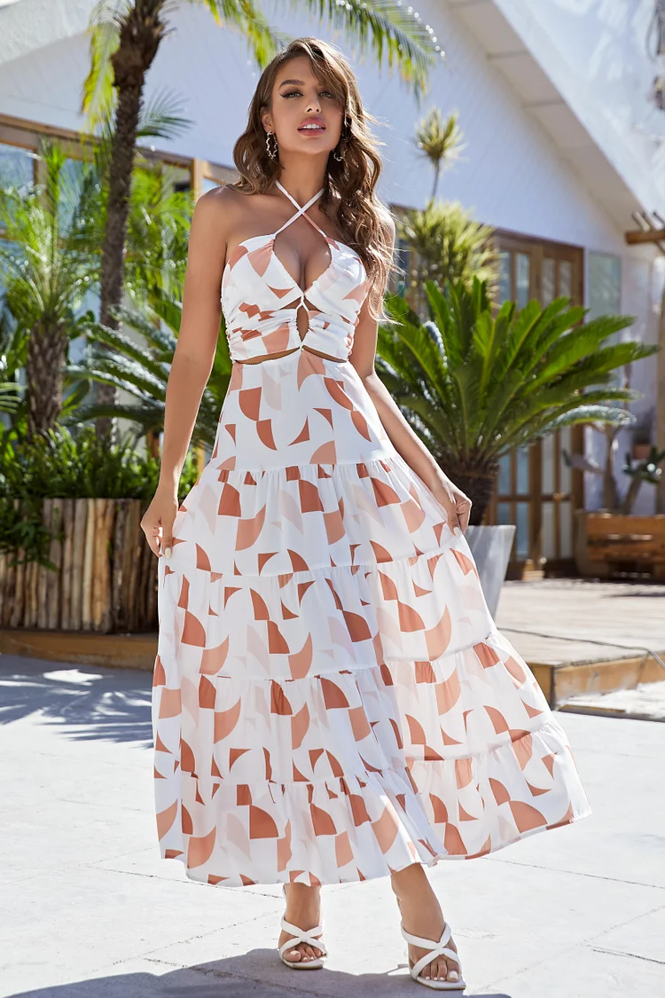 Cherley Vacation Halterneck Print Maxi Dresses 