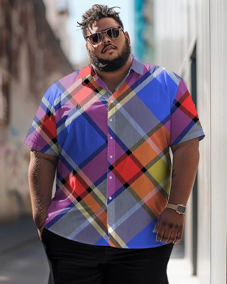 Business Gentleman Colorful Diamond Pattern Large Size Men's Short Sleeve Shirt