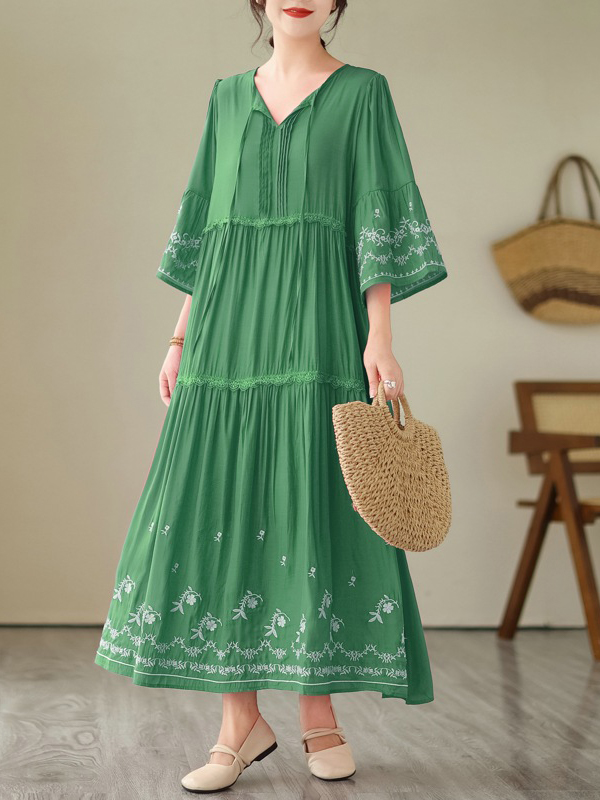 Lace-Up Neck Embroidery Detail Pleated Maxi Dress