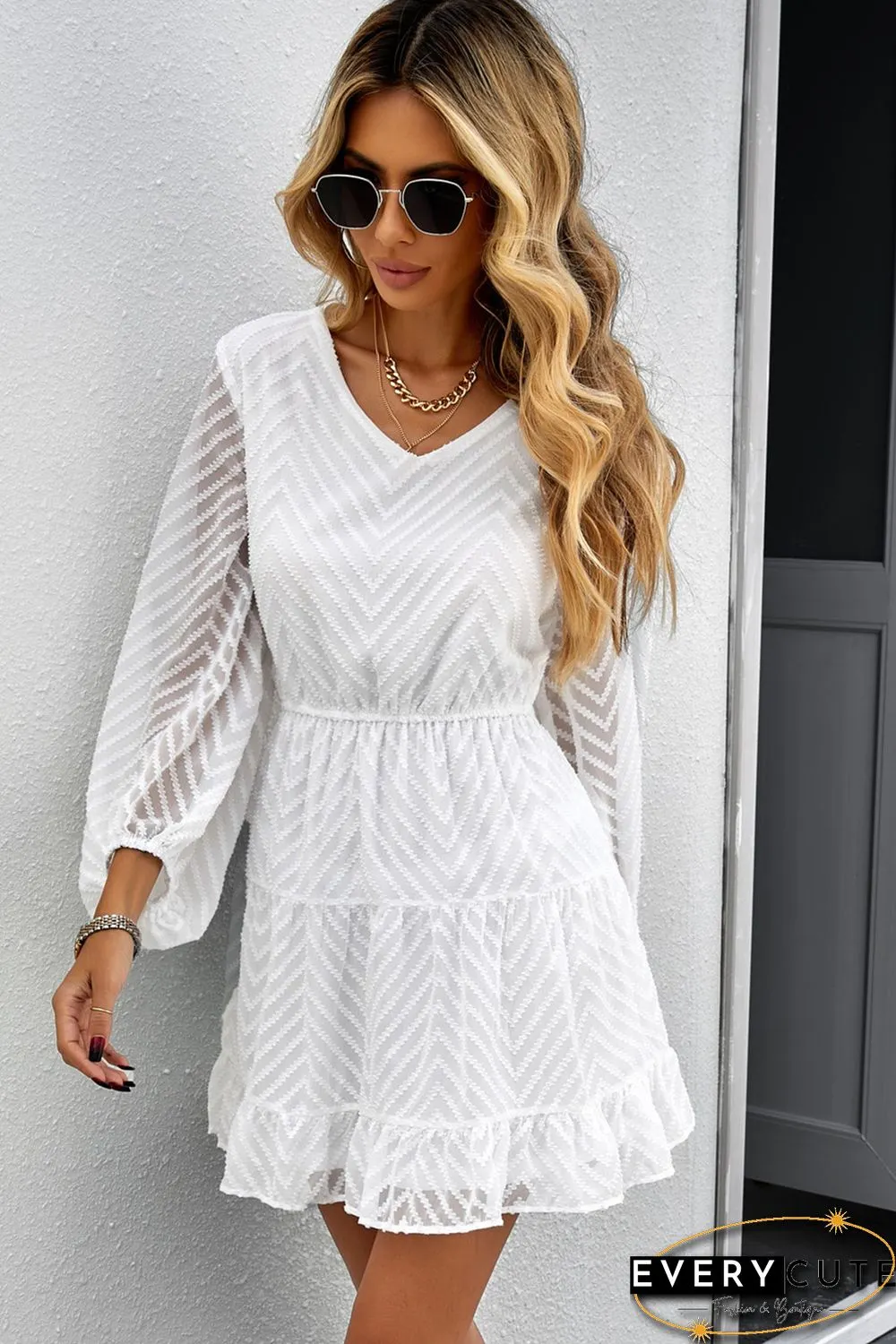 White Waved Stripes Textured Balloon Sleeve Tiered Dress