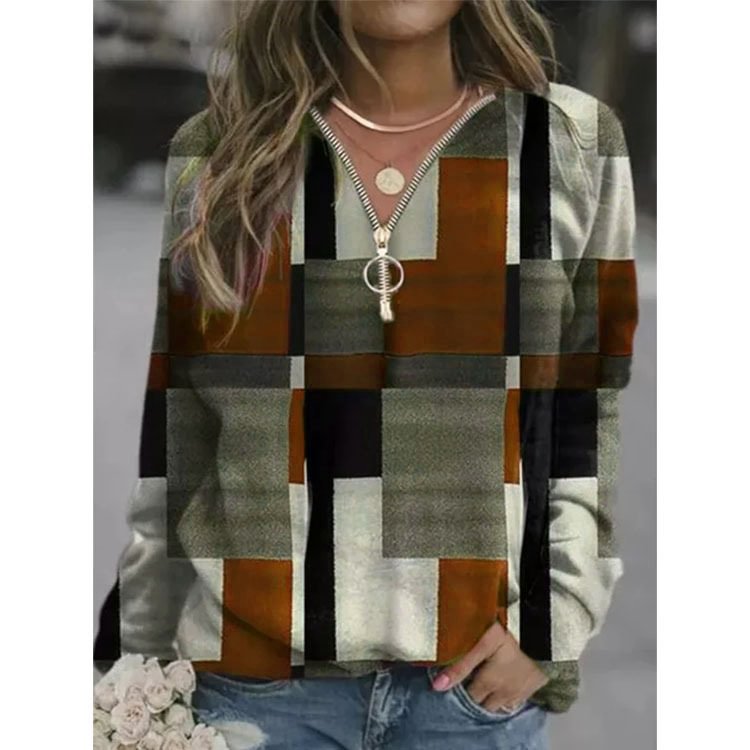 Autumn And Winter Plaid Print Sweatshirt
