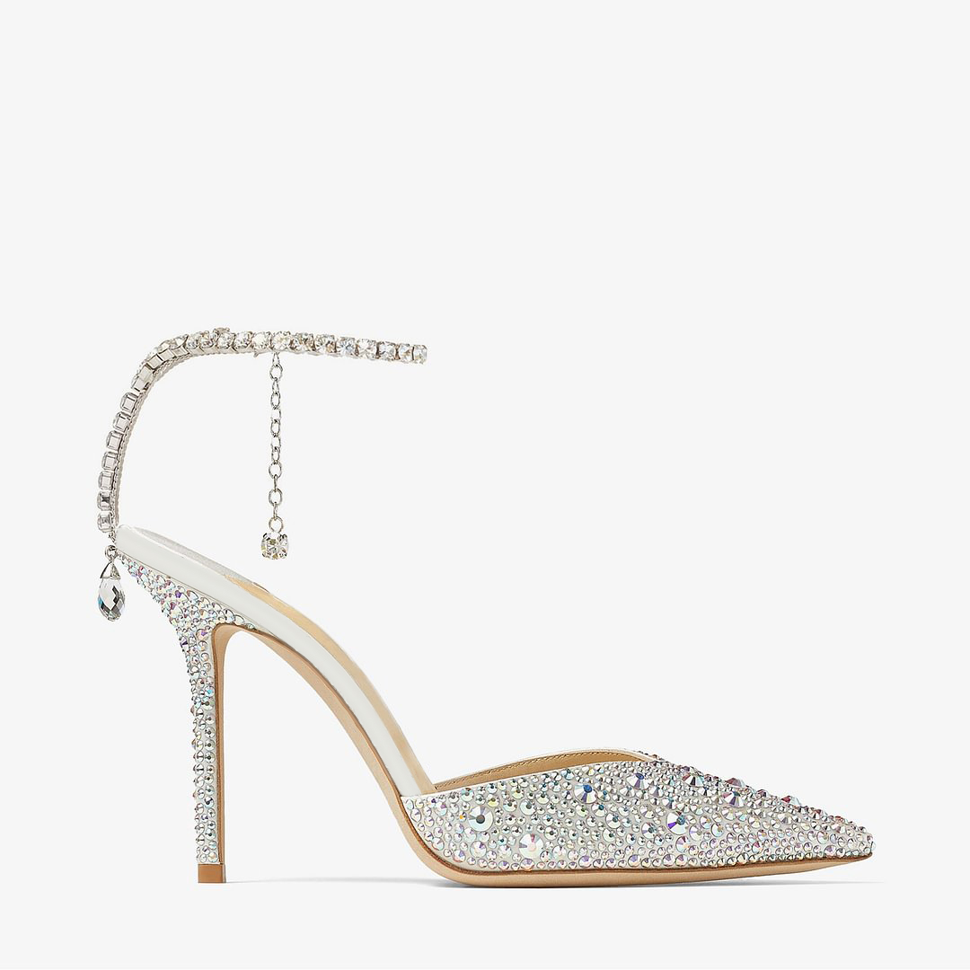 100mm Rhinestone Crystal Embellishment Ankle Chain Bracelet Pointed Toe Satin Pumps