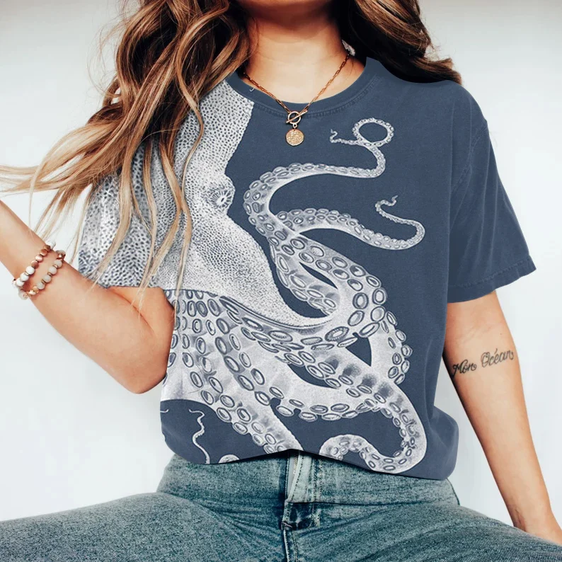 Japanese Art Octopus Graphic Printed Casual T-Shirt