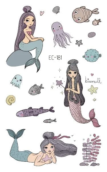 Cartoon Mermaid Temporary Tattoo Sticker Fashion Fake Tatoo Flash Sea-maid Princess Children's Girl award sticker Small Taty