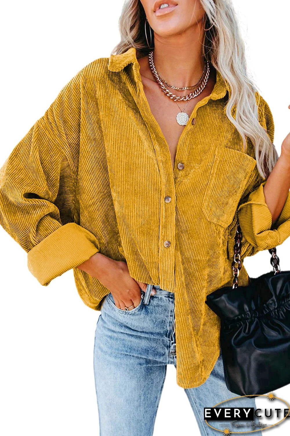 Yellow Corduroy Button Pocket Shirt