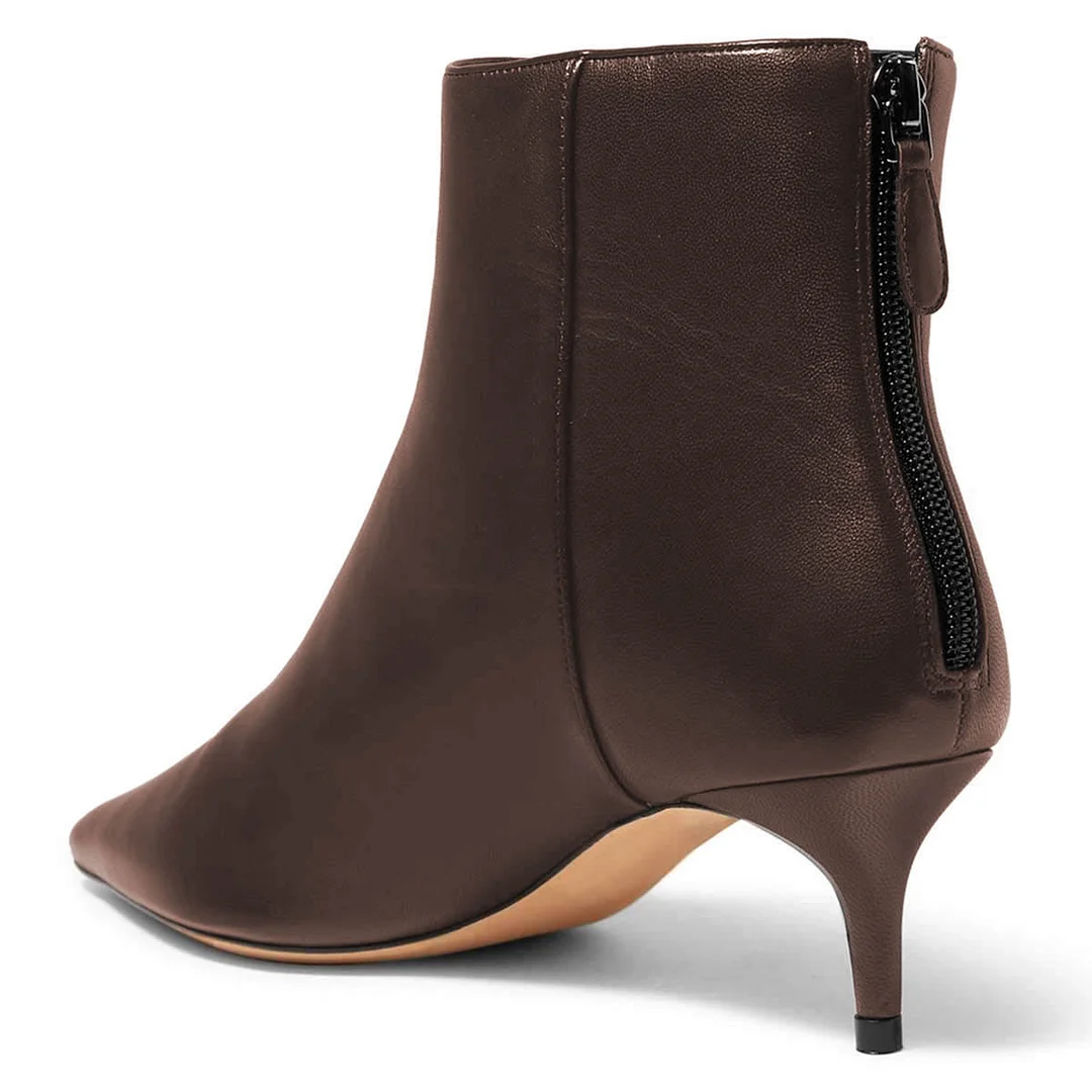 YDN Simple Pointed Toe Zipper Kitten Heel Booties for Women in Brown