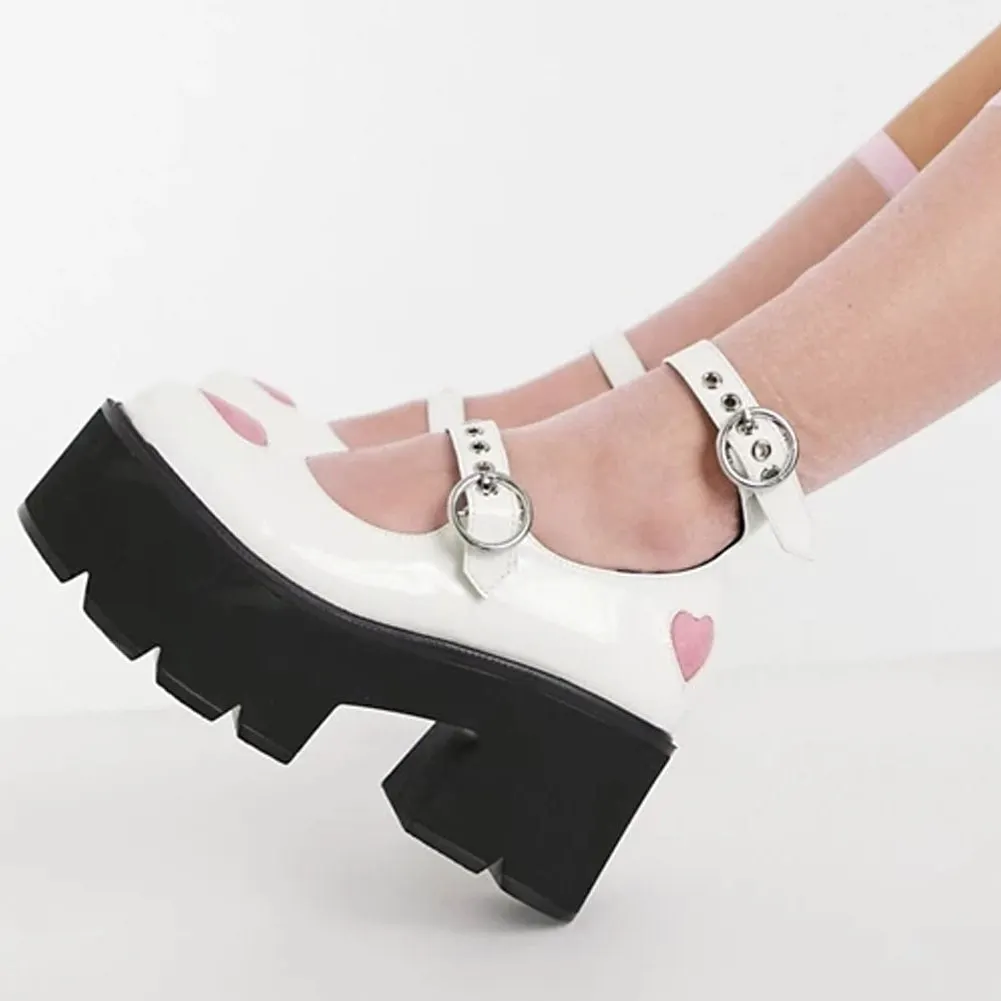 BONJOMARISA Big Size 43 Round Toe Platform Chunky Heart Pattern Marry Janes Pumps Women 2021 Punk Lolita Cosplay JK Women Shoes