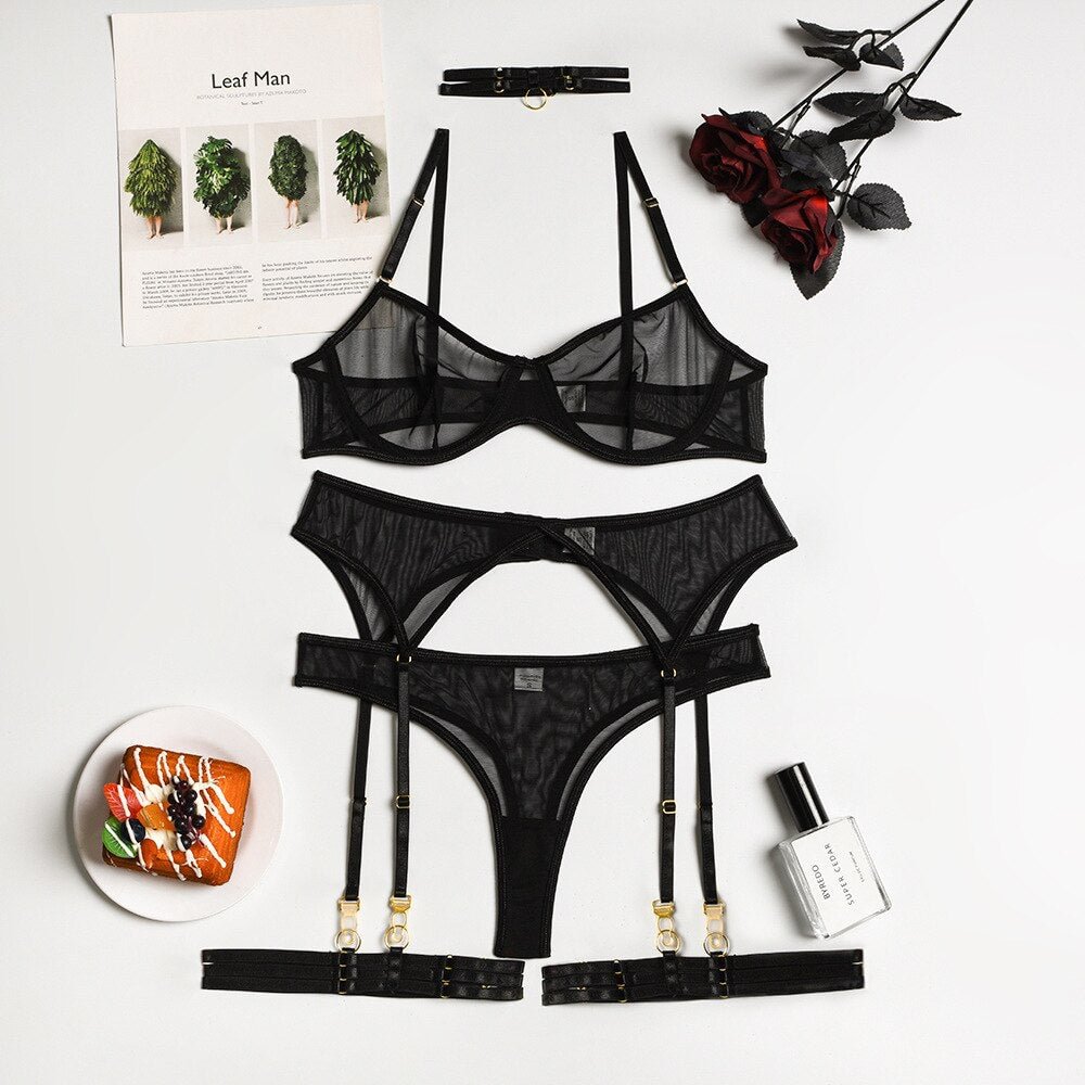 MIRABELLE Sensual Lingerie See Through Set Woman 4-Pieces Erotic Intimate Seamless Underwear Lace Bra and Panty Set Exotic Sets