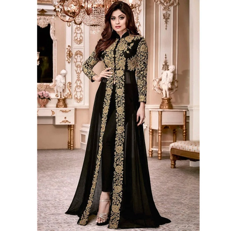 Brownm Collar Lace Chiffon Dress Retro Style Long Dresses