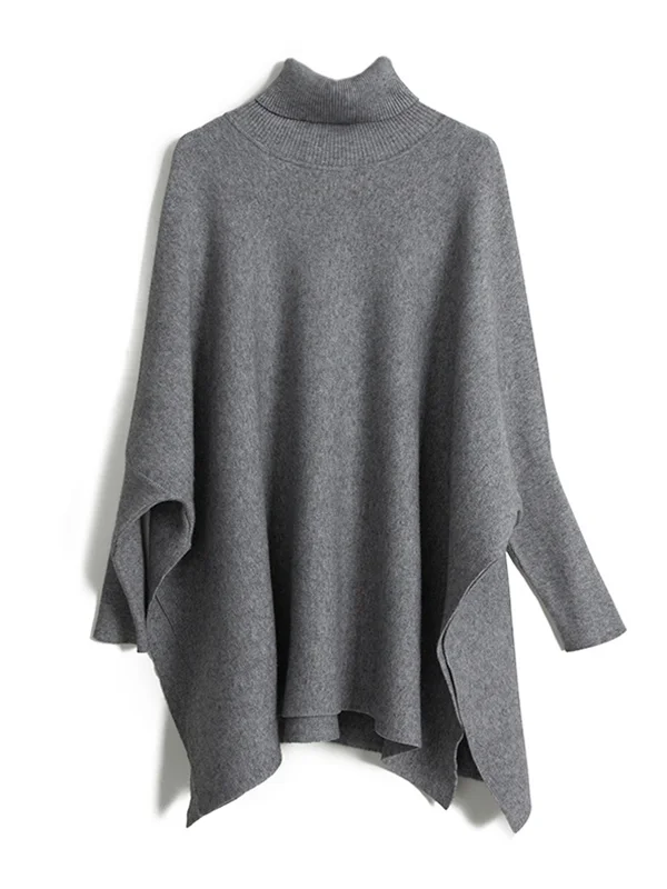 Simple Loose Solid Color High-Neck Batwing Sleeves Sweater