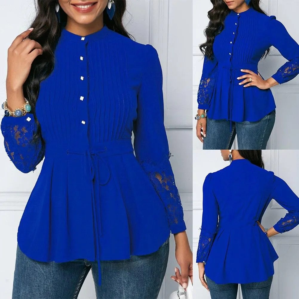 Office Lady Plus Size Stand Collar Lace Stitching Cuff Waist Drawstring Shirt Solid color shirt decorated lace stitching cuff