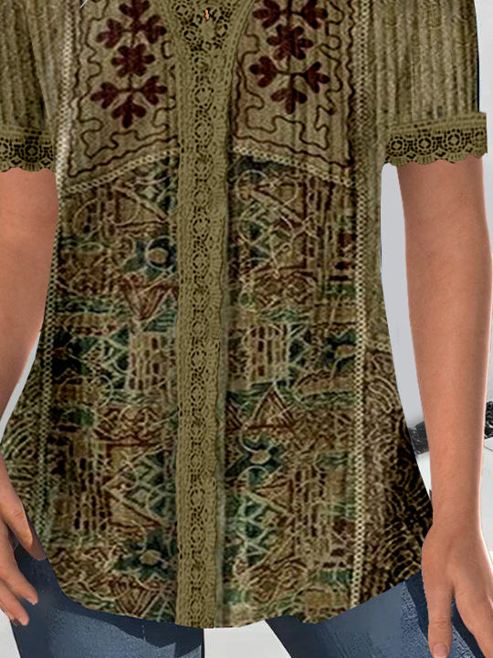 Women Short Sleeve V-neck Floral Printed Graphic Lace Tops