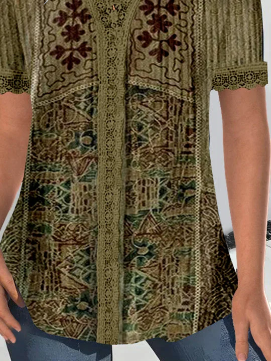 Women Short Sleeve V-neck Floral Printed Graphic Lace Tops