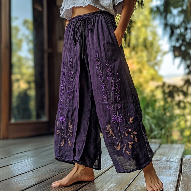 Vintage Bohemian Lavender Art Printed Cotton Linen Wide Leg Pants