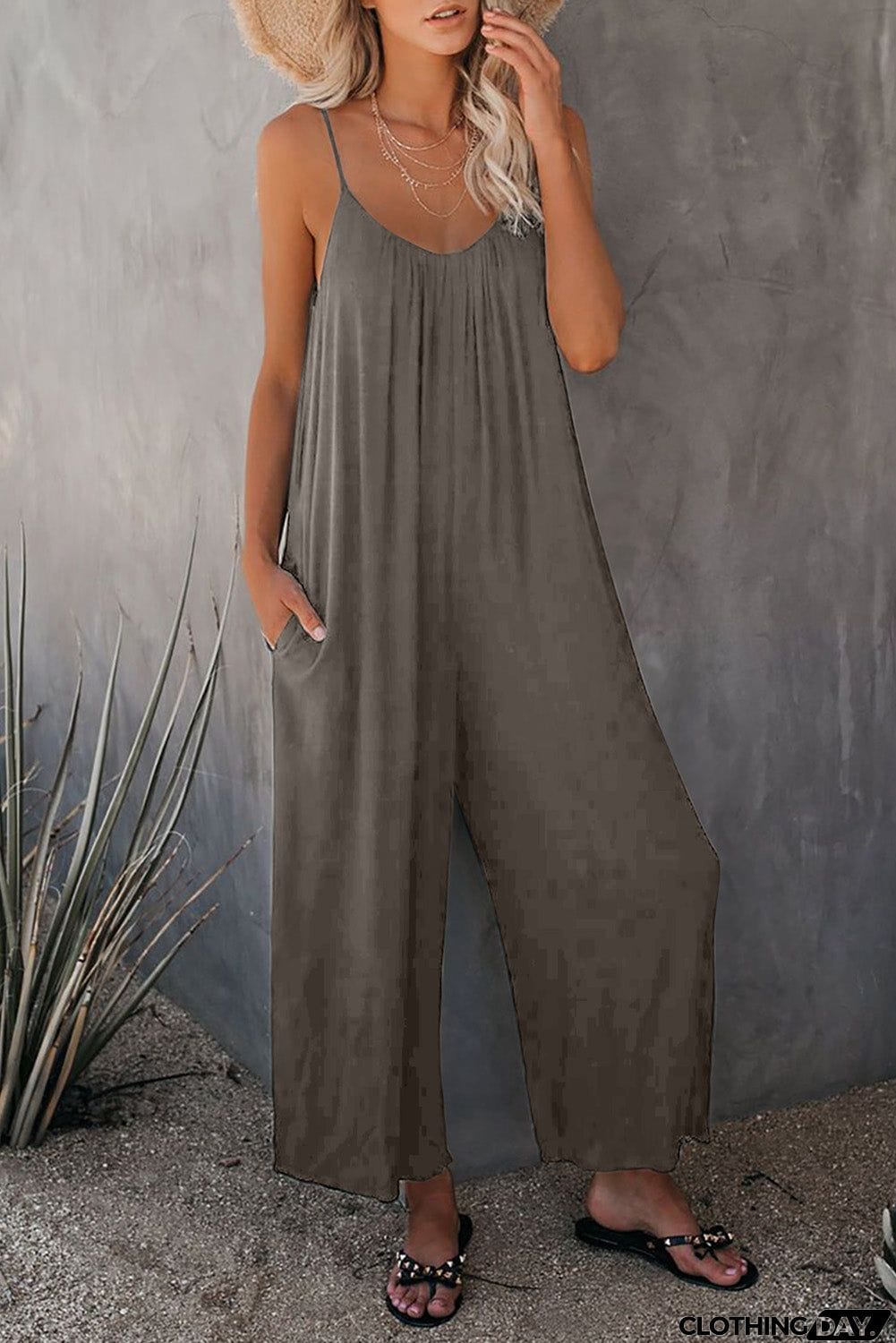Spaghetti Straps Wide Leg Pocketed Jumpsuits