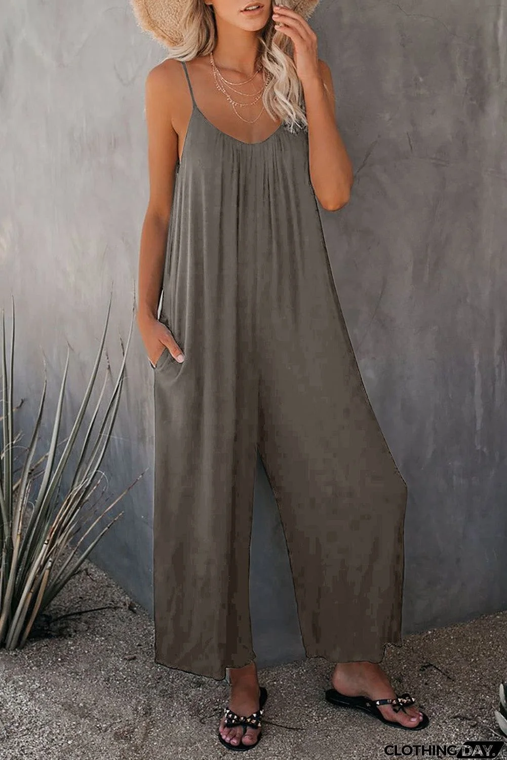 Spaghetti Straps Wide Leg Pocketed Jumpsuits