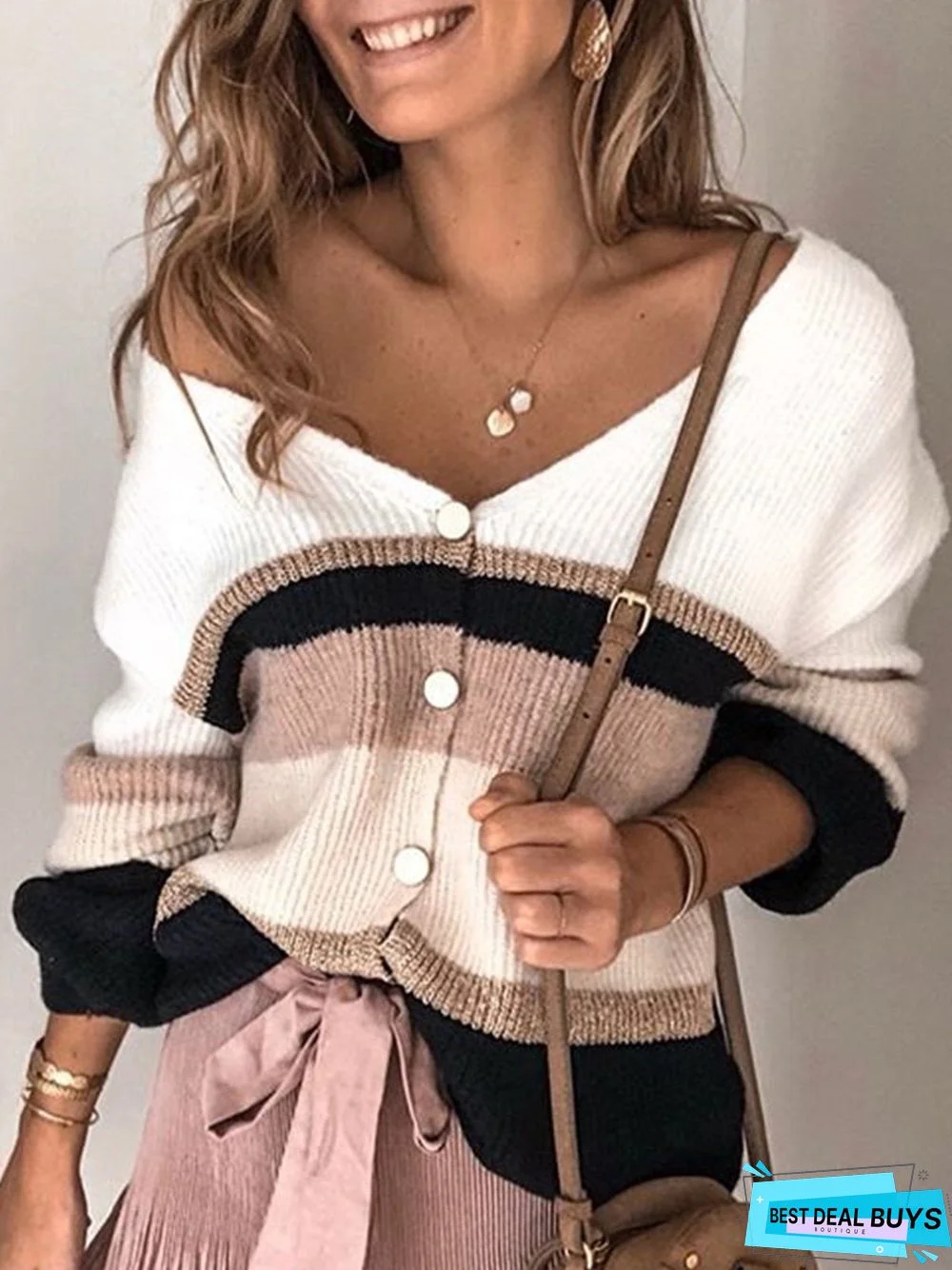 Plus Size V Neck Long Sleeve Striped Sweater