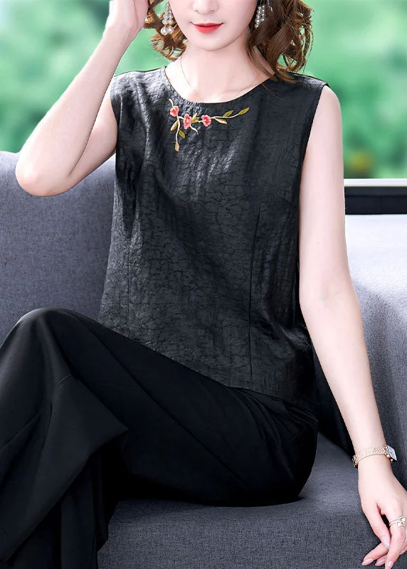 French Black O-Neck Embroideried Patchwork Silk T Shirt Tops Sleeveless
