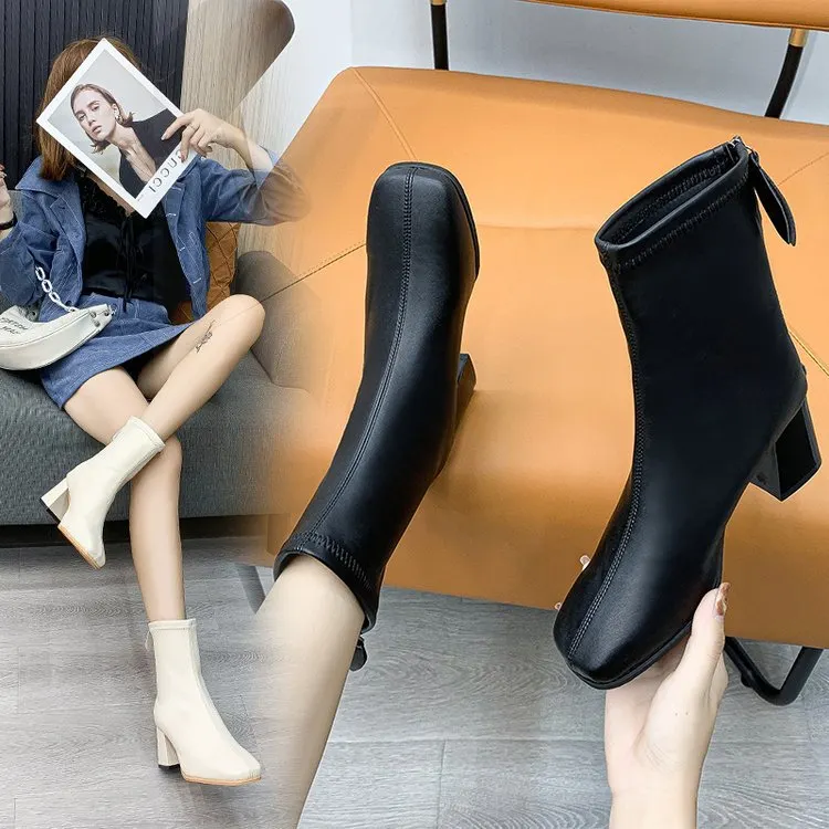 Yyvonne 2025 New Thick And High-Heeling Single-Sley Female British Wind Side Behind The Zipper Black Simple 44 Size Short Boots