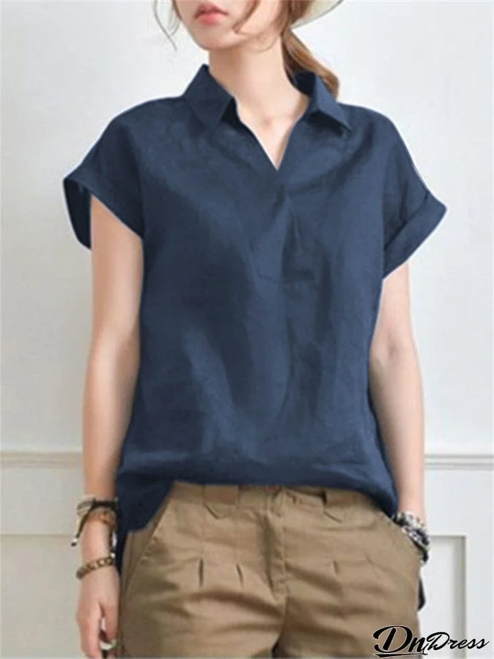 Summer Elegant V-neck Short Sleeve Office Cotton Blouses for Lady