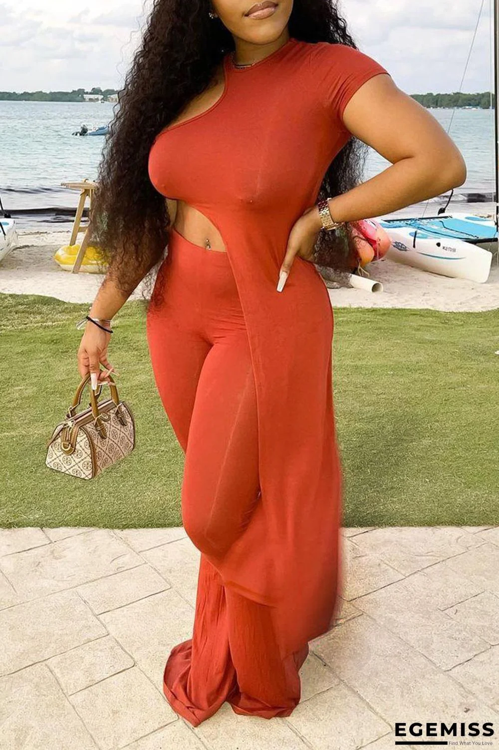 Tangerine Sexy Solid Hollowed Out Patchwork Asymmetrical O Neck Short Sleeve Two Pieces | EGEMISS