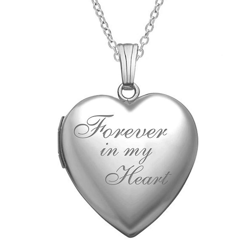 "Forever in My Heart" Locket Necklace That Holds Pictures in Sterling Silver - 3/4 Inch X 3/4 Inch - Includes 18 inch Cable Chain