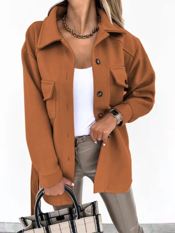2021 fall/winter lapel single-breasted thick solid color shirt woolen loose coat women