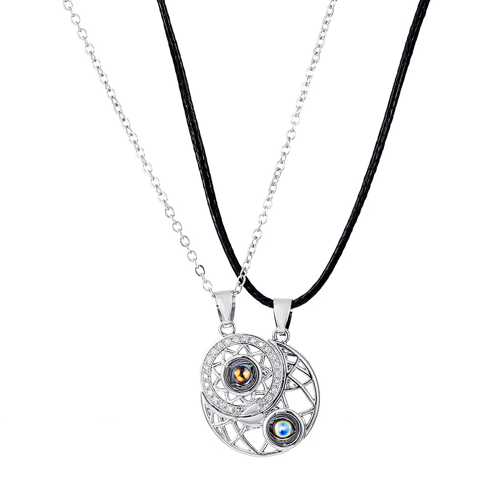 Sun and Moon Magnetic Couple's Gold-Plated Necklace Projecting “I Love You” in a Hundred Languages