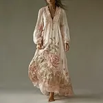 Retro Pink Rose Design V-neck Long-sleeve Casual Dress - Image 2