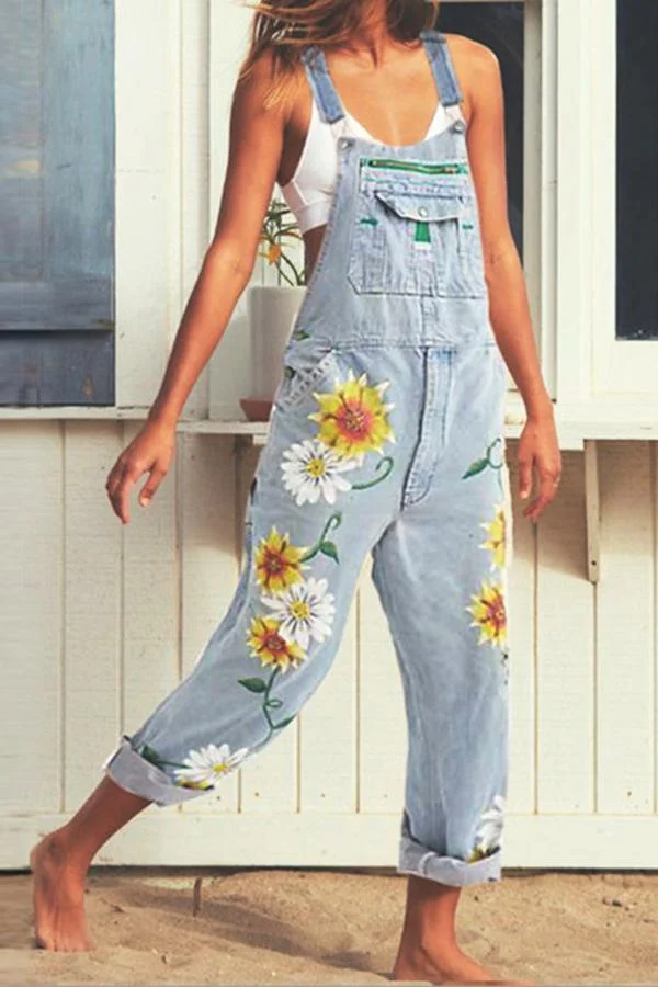 Womens Casual Floral Printed Denim Overalls-Allyzone-Allyzone