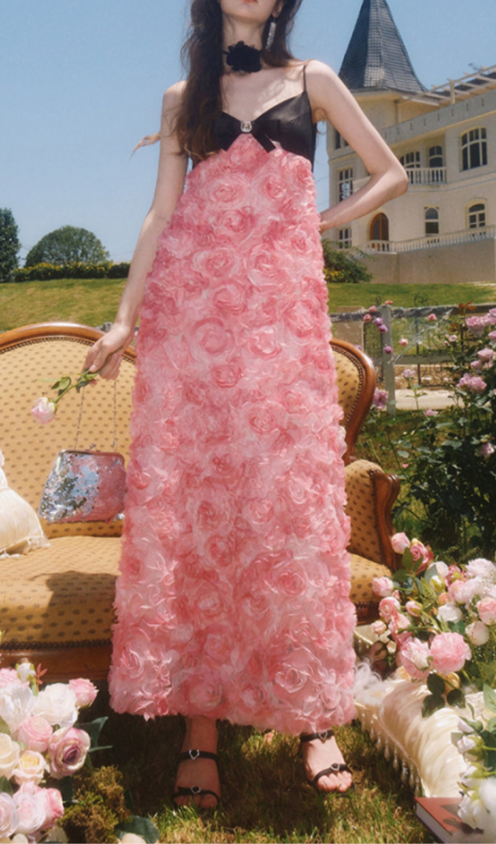 Rose Appliquéd Spaghetti Maxi Dress In Pink Miss Lee Label