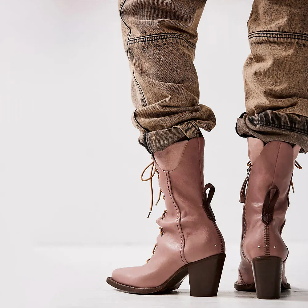Pink Vegan Leather Chunky Heel Lace-Up Ankle Boots with Zipper