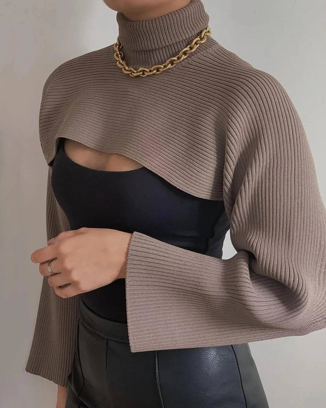 Cryptographic Coffee Knitted Turtleneck Sexy Women Crop Tops Sweaters Flare Sleeve Pullover Female Shawl Sweater Short Top Loose 1023-1