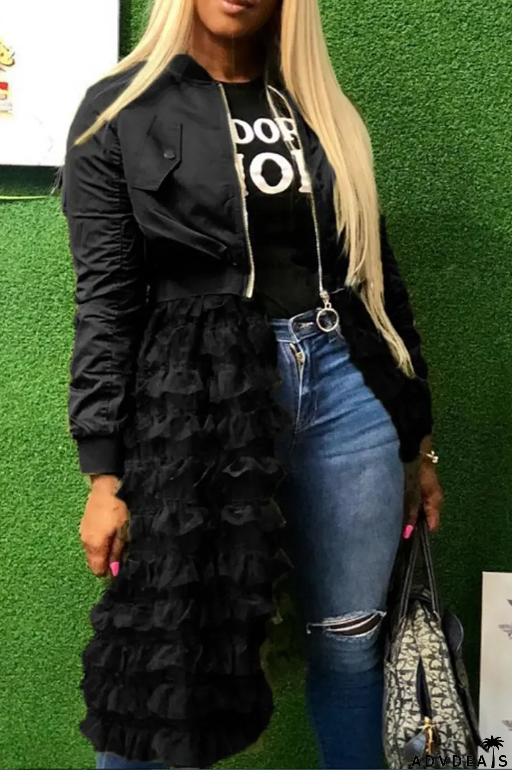 Red Casual Patchwork Mesh Zipper Collar Outerwear