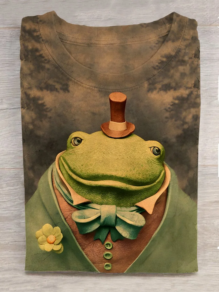 Retro Gentleman Frog Art Casual Print T-shirt