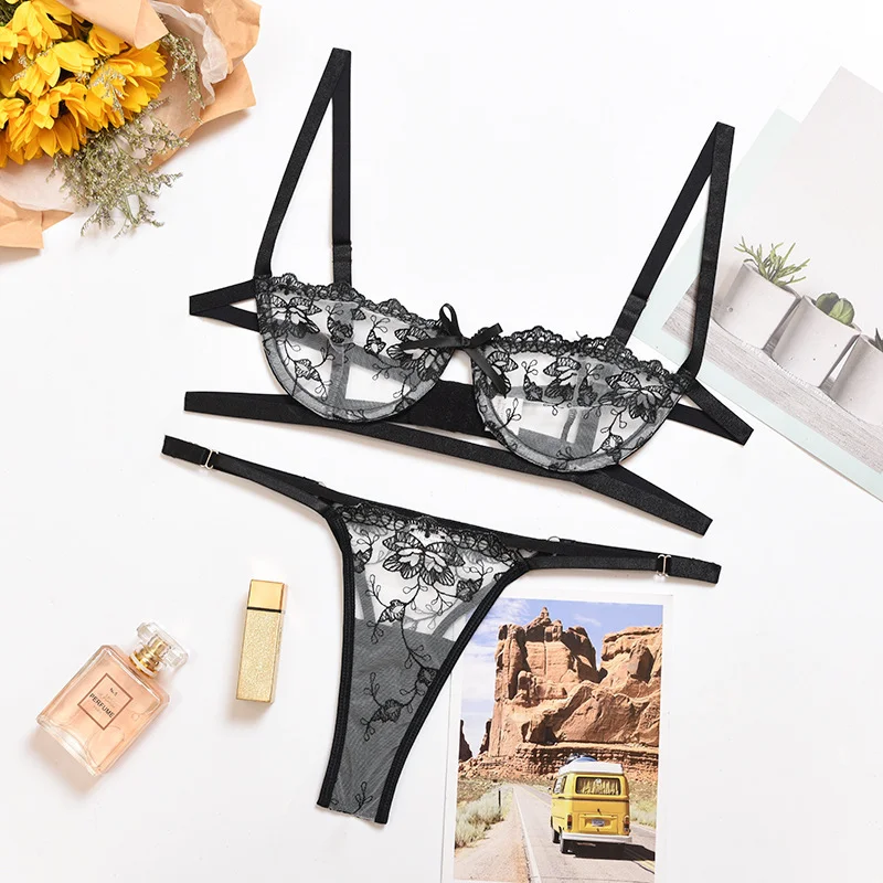 Uveng Sex Lingerie Sexy Women's Embroidery Mesh Lace Brae Lingerie Set