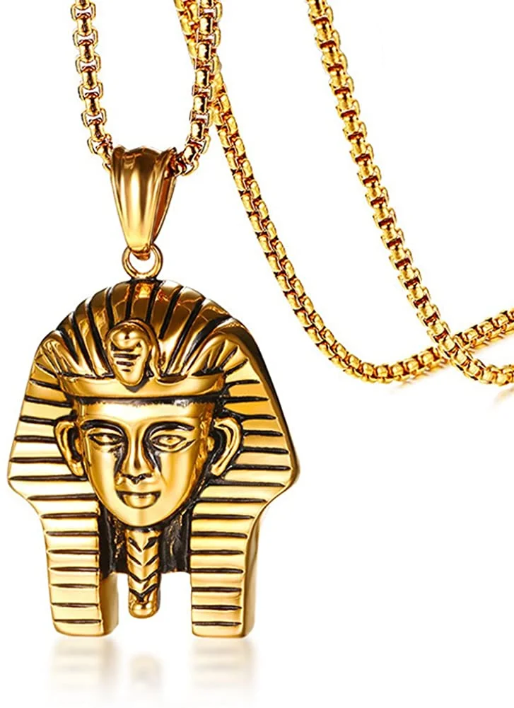 JAJAFOOK Men's Stainless Steel Egyptian Pharaoh Pendant for Punk Biker Vintage Gold Plated Necklace