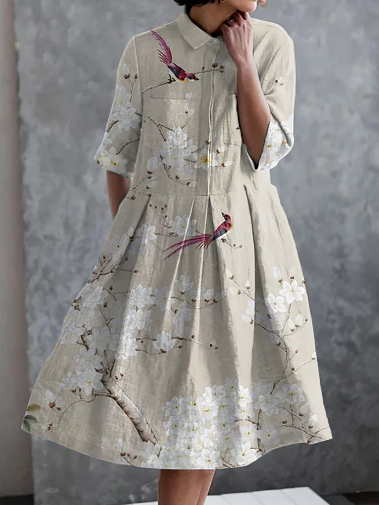 Vintage Bird Floral Print Casual Elegant Pocket Half Sleeve Dress