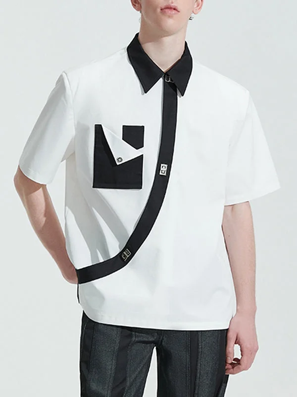 Aonga - Mens Oblique Placket Metal Button Patchwork Shirt J