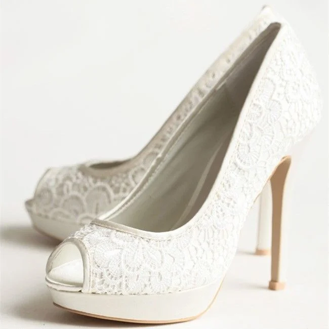 Ivory Bridal Shoes Lace Heels Peep Toe Platform Pumps for Wedding |FSJ Shoes