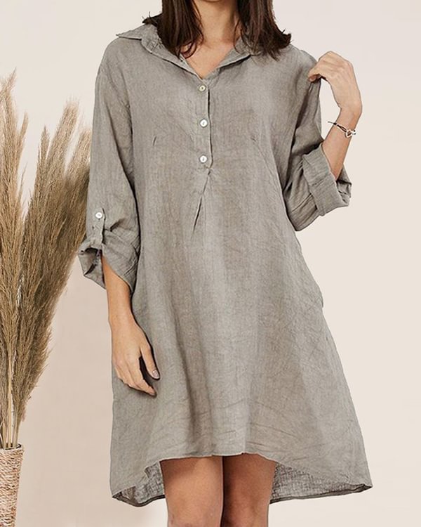 Linen Casual Shawl Collar Buttoned Dresses