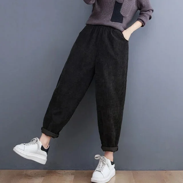 Zoki Corduroy Women Baggy Pants Oversize Loose Fashion Harajuku Fall Brown  Harem Pant Casual Elastic Waist Female Trousers