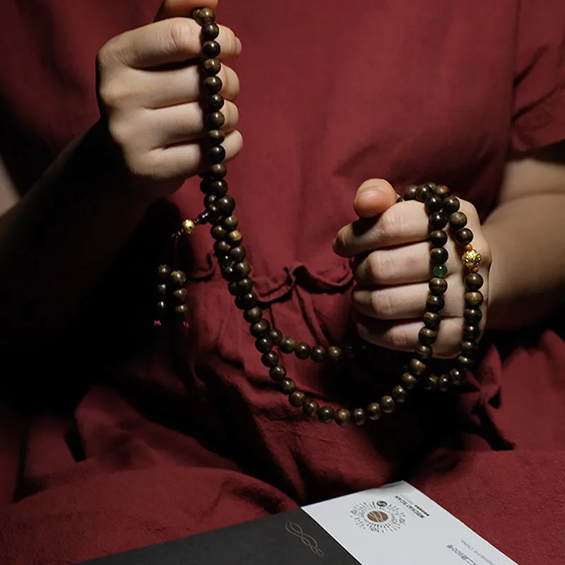 108 Mala Beads 999 Gold Agarwood Cyan Jade Six True Words Strength Bracelet
