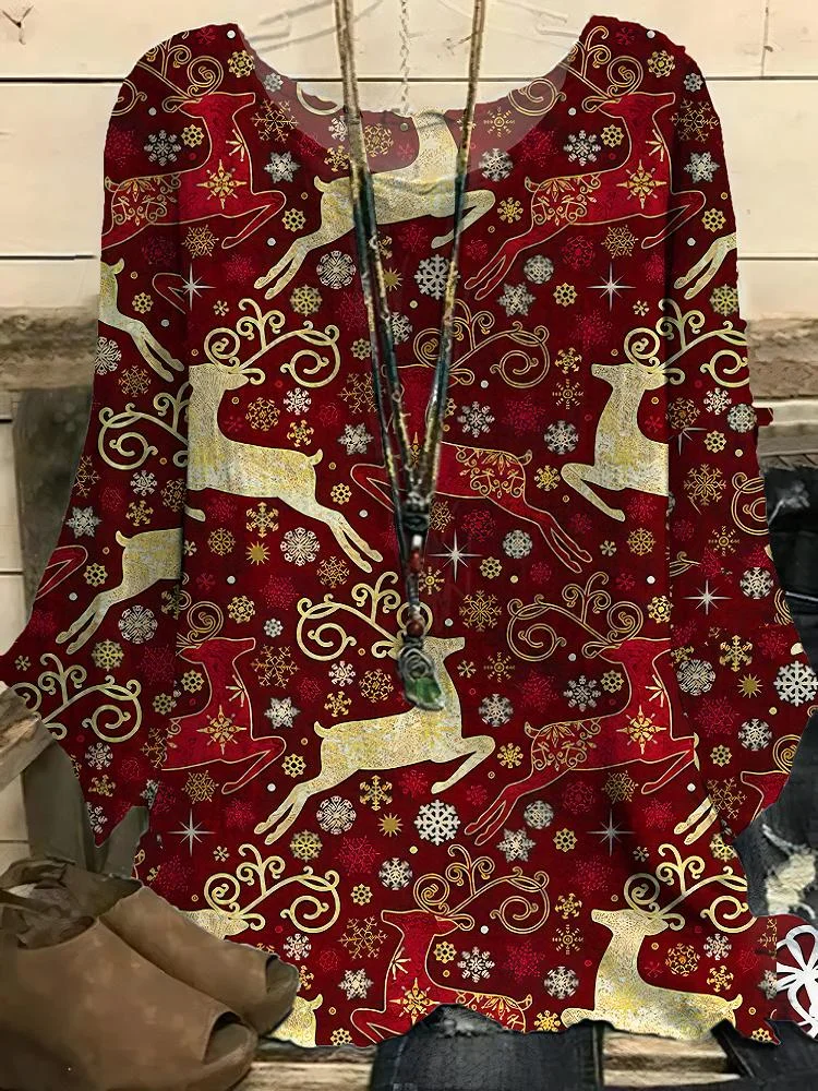 Women's Red Christmas Deer Snowflake Printed Half Sleeve T-Shirt