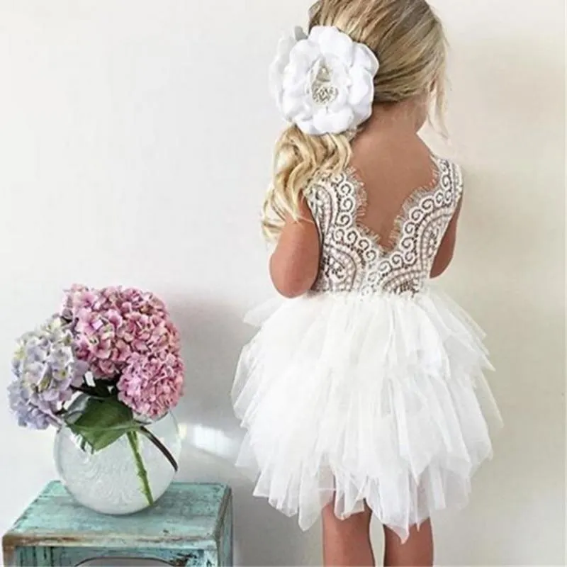 Girls Fluffy Cake Smash Dresses For Kids Toddler Lace Backless Wedding Birthday Party Baptism Princess Dress Children Clothes