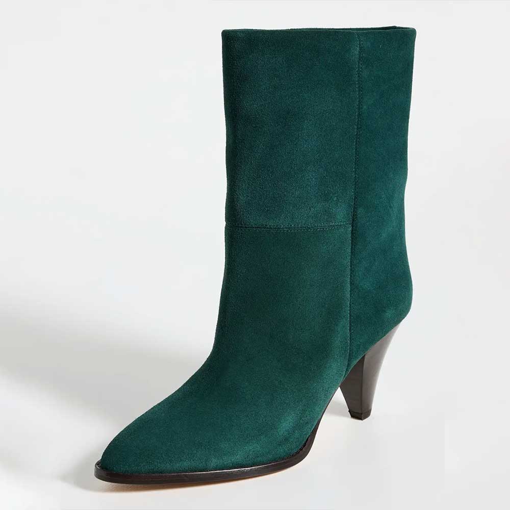 Teal Vegan Suede Pointed Toe Cone Heel Ankle Boots for Women