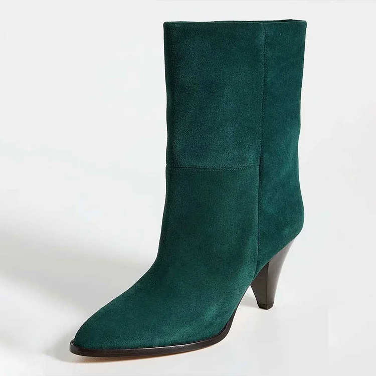 Teal Vegan Suede Pointed Toe Cone Heel Ankle Boots for Women |FSJ Shoes