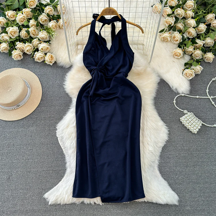 Eslicerpro Long Dresses for Women Halter Backless Side Split Wrapped Vestidos Mujer Folds Solid Exposed Shoulders Dress Sexy Dropshipping